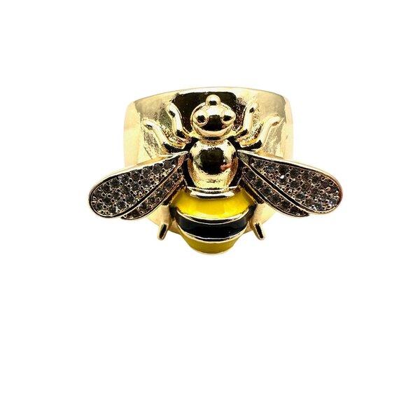 Bee Ring Clear Crystal Black Yellow Enamel 18K Gold Plated Adjustable Size New - Picture 4 of 6